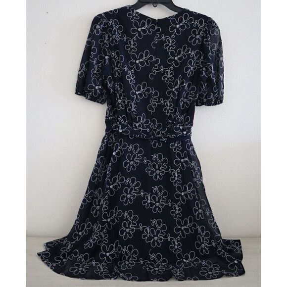 DKNY DD2F3346 Women's Sz 6 Black Embroidered Faux-Wrap Sheer-Sleeve Dress $139+ - Picture 2 of 16